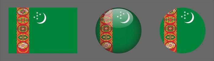 Turkmenistan Flag Set Collection, Original Size Ratio, 3D Rounded, Flat Rounded. vector