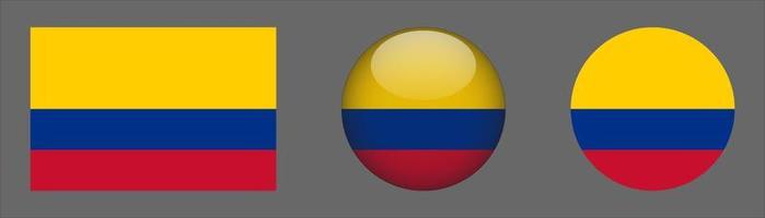 colección de conjunto de bandera de colombia, relación de tamaño original, redondeado 3d y redondeado plano vector