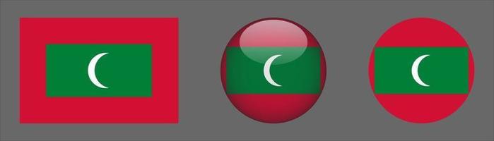 Maldives Flag Set Collection, Original Size Ratio, 3D Rounded and Flat Rounded. vector