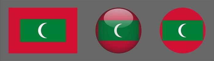 Maldives Flag Set Collection, Original Size Ratio, 3D Rounded and Flat Rounded. vector