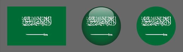 Saudi Arabia Flag Set Collection, Original Size Ratio, 3D Rounded and Flat Rounded. vector