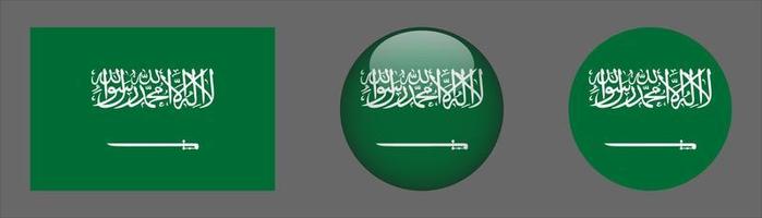 colección de conjunto de bandera de arabia saudita, relación de tamaño original, redondeado 3d y redondeado plano. vector