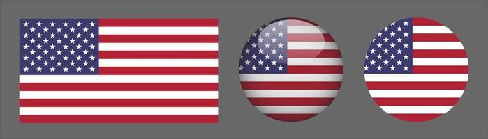 United States Flag Set Collection, Original Size Ratio, 3D Rounded, Flat Rounded. vector