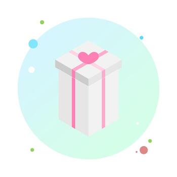 Present gift box with ribbon bows flat design illustration in circle icon. Isometric vector interface elements for app icon UI UX banner web invitation isolated on circle shaped background.