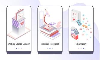 Application design set for Online Clinic Center, Medical Research and Pharmacy. UI onboarding screens design. Mobile app template website, web page. Modern vector illustrations for user interface.