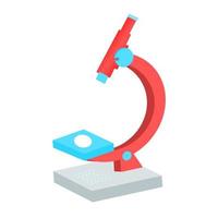 Isometric microscope icon. Symbol of science, chemistry, pharmaceutical instrument, microbiology magnifying tool. 3D Microscope for graphic design template. Suitable for logo, web site, UI, mobile app vector