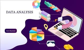 diseño plano moderno concepto isométrico 3d de análisis de big data para banner y sitio web. plantilla de página de destino isométrica. cuadro de información digital y presupuesto financiero estadístico. ilustración vectorial. vector