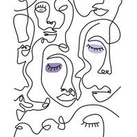 Continuous one line faces set. Contemporary abstract shapes with doodle hand drawn people face picasso matisse style.