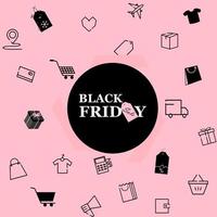 Black Friday Super Sale. Shopping icons in pink background. Online offer concept for ecommerce, discount campaign, big sale, cyber monday. Vector illustration banner, poster, template, flyer, page.