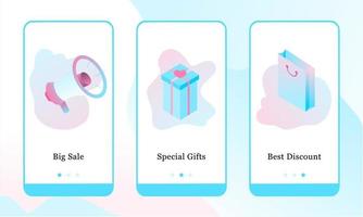 Vector illustration of Big sale, Special Gifts and Best Discount on the onboarding app screens and web concept. Modern interface onboard UX, UI GUI screen template for smart phone or web site banners.