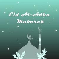 Eid Al Adha Mubarak greeting card vector design. Islamic beautiful background with mosque, star, moon and text Eid Al-Adha Mubarak. Islamic illustration for muslim community sacrifice celebration.