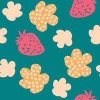 Hand drawn strawberries and spotted flowers seamless pattern. vector