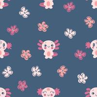 Hand drawn seamless pattern with axolotls and flowers. vector