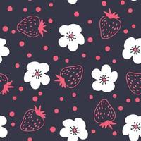 Doodle strawberries and flowers seamless pattern. vector