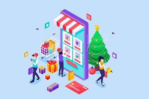 People are buying stuff via a giant smartphone on Christmas sale day. Christmas Shopping Online concept. Isometric Vector Illustration