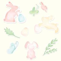 Vector - Digital watercolor painting about Easter. Element of rabbit, egg, green leaves, butterfly. Can be use for decorate for any card, poster, print, sticker, scrapbook. Cute image.