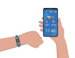 Fitness bracelet connected to mobile phone. Smartband on hand and smartphone application showing indicators of pulse, steps and calories on display. Vector flat isolated illustration