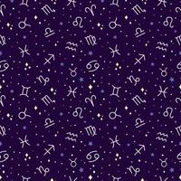 Zodiac symbols pattern. Vector seamless dark background for textile, wallpaper. Zodiac signs and stars