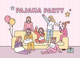 lindas niñas están teniendo una fiesta de pijamas mientras están sentadas alrededor del sofá. vector