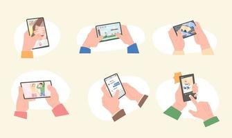 Various screens of smartphones and hands holding phones. vector