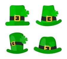 Saint Patrick Day leprechaun green hat set with shamrock clover four leaf lucky icon flat style design vector illustration isolated on white background.