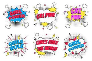 6 Lettering GRL PWR, GIRL POWER, GIRLS RULE Set In The Speech Bubbles Comic Style Flat Design. Exclamation Concept Of Comic Book Style Pop Art Voice Phrase Isolated On White Background. vector