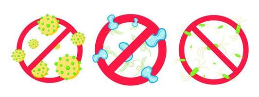 3 stop viruses and bad bacterias or germs prohobition sign. vector