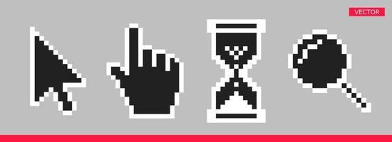 Flecha en blanco y negro, mano, lupa y reloj de arena pixel mouse cursor iconos conjunto de ilustraciones vectoriales. vector