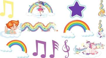 Set of fantasy fairies and cupids with rainbow elements vector