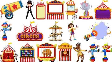 conjunto de personajes de circo y elementos del parque de atracciones. vector