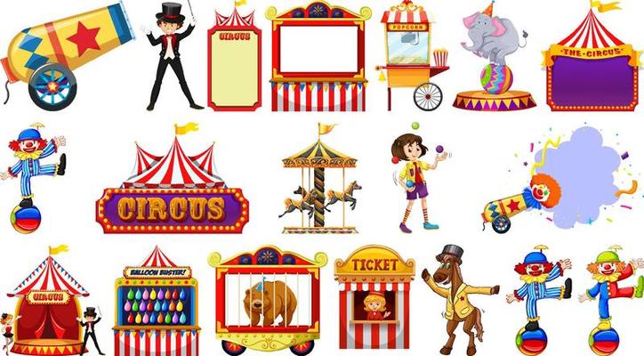 Set of circus characters and amusement park elements