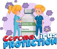 protección contra coronavirus con personaje de dibujos animados médico y botella de vacuna vector