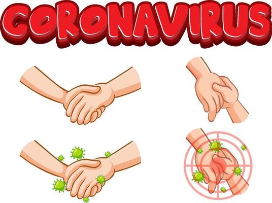 Coronavirus font design with virus spreads from shaking hands on white background