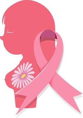 Pink woman silhouette with flower and pink ribbon