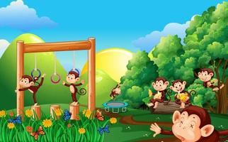 Forest scene with funny monkeys cartoon vector