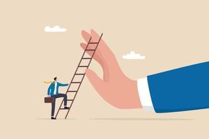 Overcome business obstacle, barrier or difficulty, challenge to solve business problem and see opportunity concept, ambitious businessman about to climb up ladder to overcome giant hand stopping him. vector