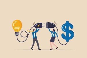 Venture capital or financial support for startup and entrepreneur company, make money idea or idea pitching for fund raising concept, businessman and woman connect lightbulb with money dollar sign. vector