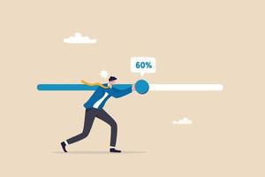 Working project progress, effort to finish work or achieve business success, accomplishment, ambition or career challenge, businessman try hard to push working progress bar to finish in deadline. vector