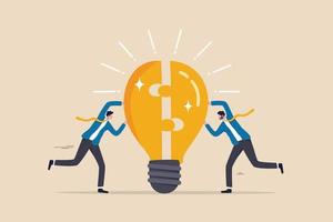 Teamwork or partnership for business success, innovation or creativity to solve problem, brainstorm or connect idea concept, businessman team members partner connect lightbulb jigsaw puzzle together. vector