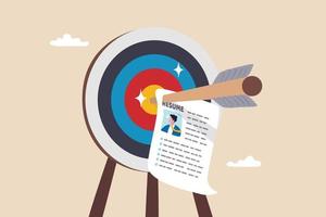 Recruitment target, choosing best candidate to fill in job vacancy, HR Human Resources find perfect talent for interview concept, archer bow hit on bullseye target with chosen candidate resume paper. vector