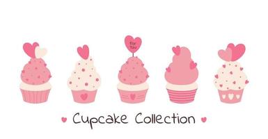Cute vector set of cupcakes for Valentine Day. Collection of Valentine's cupcakes. Pink cupcake with hearts. Valentine's day vector illustration for design. Cupcake for lovers. Isolated on white.