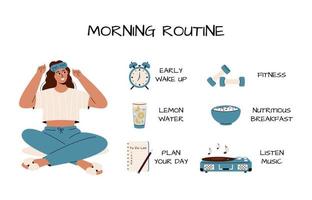 linda chica caucásica con máscara para dormir y elementos para la rutina matutina, agua, pesas, desayuno, reloj despertador, lista de tareas, rutina matutina diaria. Fondo blanco.