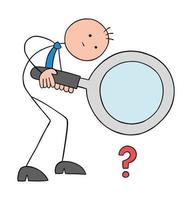 There is a very minor problem and the stickman businessman examines the tiny question mark with a magnifying glass, hand drawn outline cartoon vector illustration