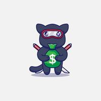 Cute ninja cat carrying bag of money vector