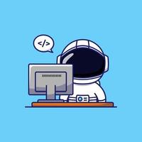 Cute astronaut working in front of his computer vector