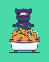 Cute ninja cat with pumpkins vector