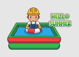 Cute worker swimming with hello summer greeting banner vector