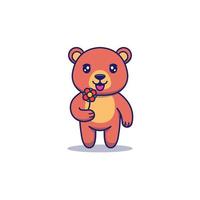 Cute bear carrying red flower vector