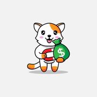 Cute cat gets a bag of money with a magnet vector