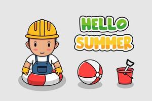 Cute worker swimming with hello summer greeting banner vector